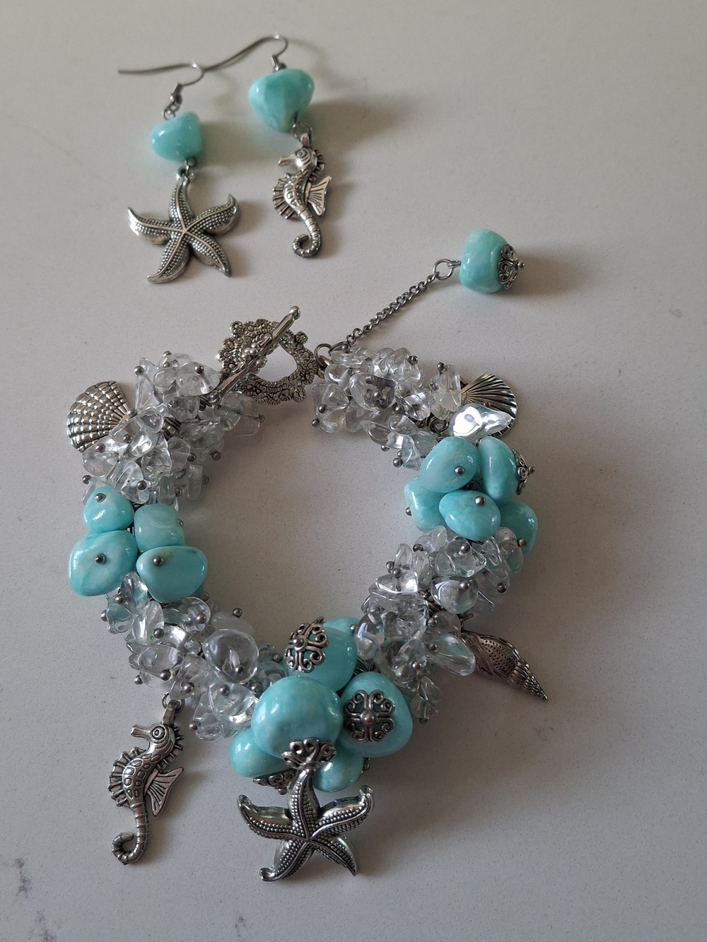 Artisan Coastal Sea Life Charm Bracelet & Asymmetrical Earrings Set